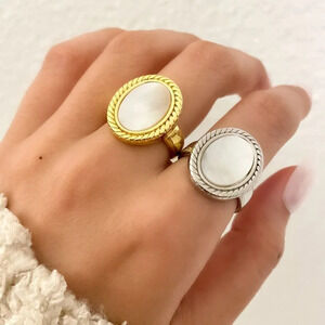 925 Sterling Silver Mother of Pearl Statement Ring Chunky Ring Round Oval Rng